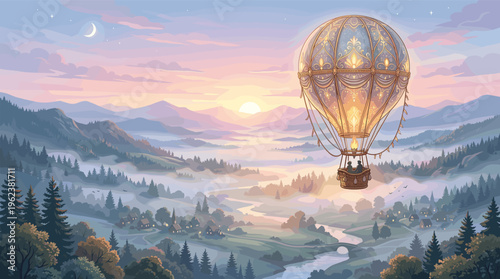 A magical hot air balloon adventure over a peaceful valley at dawn. A romantic illustration of travel, dreams, and fantasy. Perfect for storytelling and inspiration.