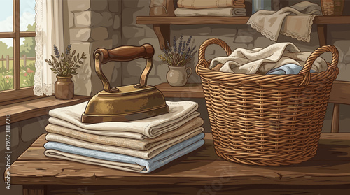 A cozy illustration of a rustic laundry room with a vintage iron, folded linens, and a wicker basket. Perfect for themes of home, chores, and country living.