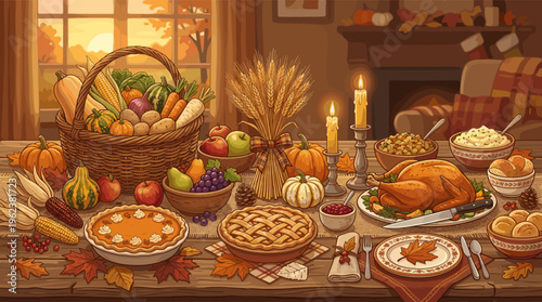 Cozy cartoon illustration of a traditional Thanksgiving dinner table with roasted turkey, pies, and harvest vegetables. A warm, festive scene perfect for holiday use.