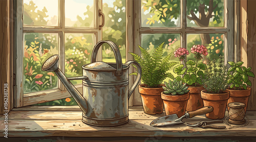 A cozy illustration of a rustic gardening scene on a sunny windowsill. A watering can, potted plants, and tools create a peaceful, hobby-focused atmosphere. Perfect for home decor themes.
