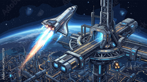 A futuristic space shuttle launches from a high-tech orbital city at night. Detailed comic-style illustration for sci-fi, technology, or future concepts. Earth is visible below.