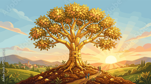 A golden money tree with coins symbolizes wealth and investment growth. A hopeful illustration for finance, success, and prosperity concepts.