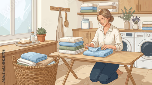 A content woman kneels while folding clean laundry in a bright utility room. This cozy cartoon scene evokes a sense of peaceful domestic life and organization.