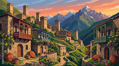 Scenic illustration of an ancient mountain village in the Caucasus at sunset. Stone towers, vineyards, and snowy peaks create a peaceful, idyllic landscape for travel concepts.