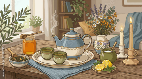 A cozy illustration of a herbal tea ceremony. A warm, relaxing still life scene for wellness, comfort, and hygge lifestyle concepts. Perfect for blogs and cafes.