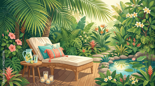 A serene illustration of a relaxing lounge chair on a wooden deck in a lush tropical garden. A tranquil oasis for vacation, spa, or wellness concepts.