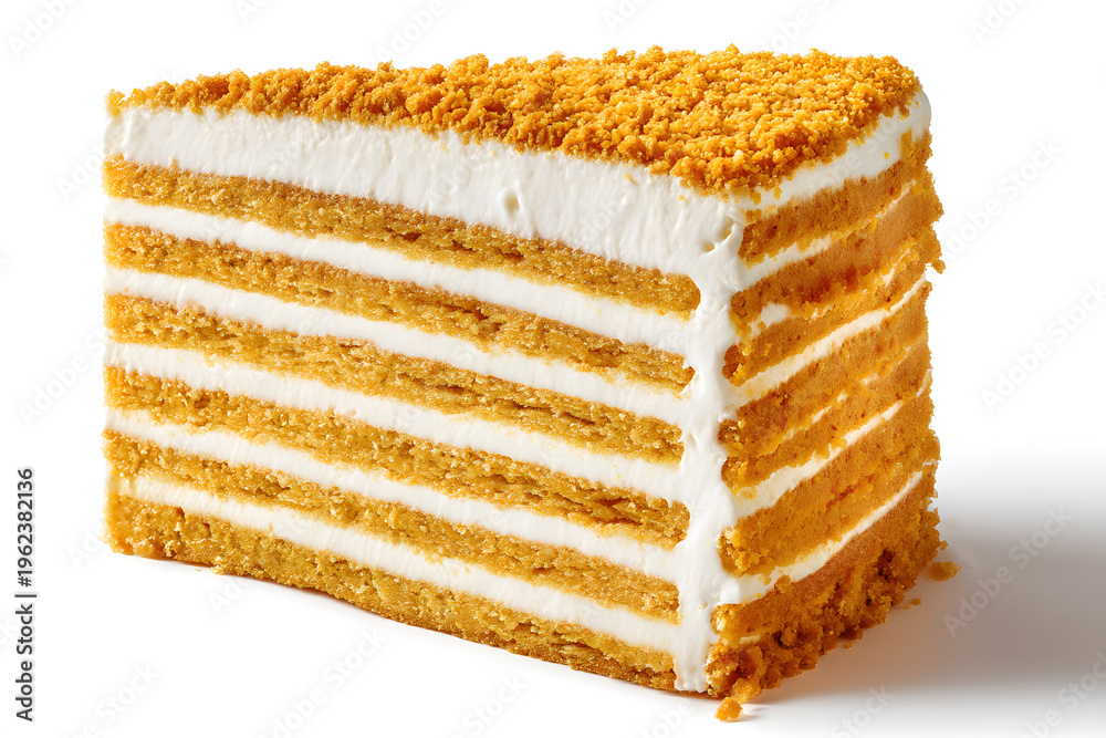Fototapeta premium Precise Tall Slice of Isolated Russian Honey Cake Medovik with Cream and Crumble Layers on White Background