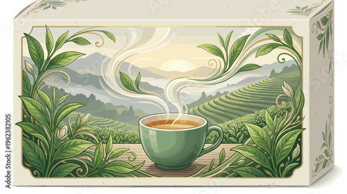 Elegant illustration on a tea box showing a steaming cup against a serene plantation landscape. Ideal for packaging, branding, and organic product advertising.