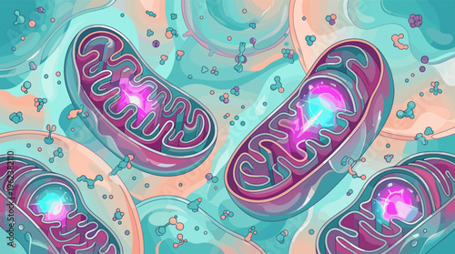A vibrant, stylized illustration of mitochondria, the powerhouse of the cell. This cross-section shows energy production, perfect for science, health, and education visuals.