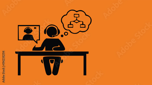 Customer Support Agent Video Call and Flowchart Icon on Orange