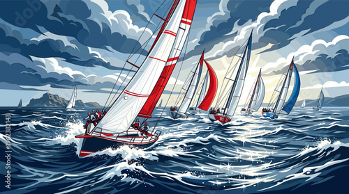 A dynamic illustration of a sailing regatta. Yachts race on a stormy ocean under dramatic clouds. Perfect for concepts of competition, teamwork, challenge, and adventure.