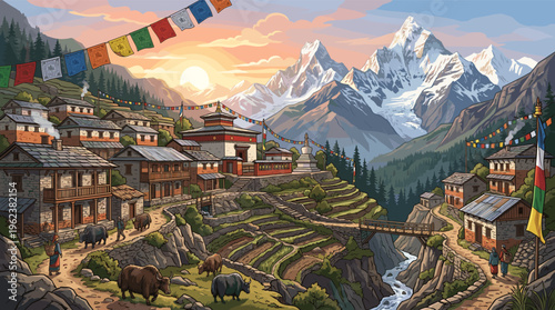 A beautiful illustration of a traditional Himalayan village in Nepal at sunrise. Features mountains, a monastery, yaks, and prayer flags. Perfect for travel and culture concepts.