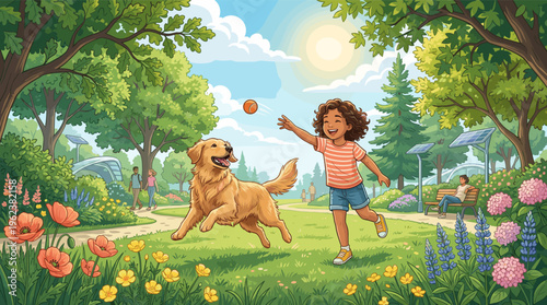 A joyful cartoon of a girl playing fetch with her dog in a sunny, eco-friendly park. This vibrant illustration evokes happiness, friendship, and sustainable outdoor activity.