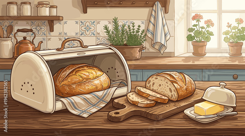 A charming illustration of a rustic kitchen with fresh bread, butter, and a bread box on a wooden counter. Cozy, warm, and perfect for food blogs, bakeries, or home decor.