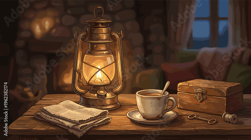 Cozy rustic still life illustration of a glowing lantern on a wooden table. A warm, vintage scene ideal for themes of comfort, nostalgia, adventure, and quiet evenings.