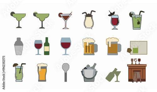 Alcohol and Beverage Icon Collection – Flat Vector Set for Bars and Drinks