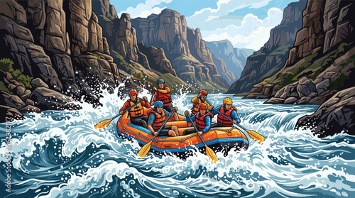 An illustration of a team on an adventurous river rafting trip. People navigate whitewater rapids in a canyon, showcasing teamwork, excitement, and outdoor sports.