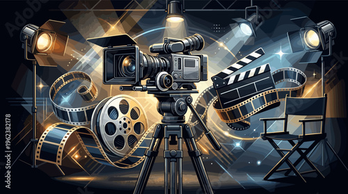Dynamic illustration of a film set with a professional camera, lights, and clapperboard. Ideal for cinema, movie production, and entertainment industry concepts.