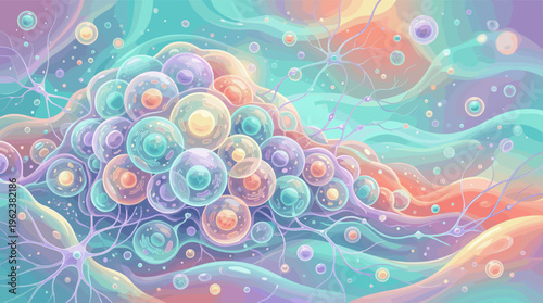 An artistic rendering of a colorful cellular world with neurons. This gentle background is perfect for science, biotech, wellness, and futuristic medical themes.