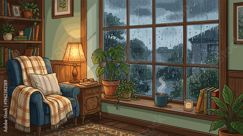 A cozy illustration of a warm room on a rainy day. A comfortable armchair, hot coffee, and books by the window create a relaxing, peaceful mood. Perfect for hygge concepts.
