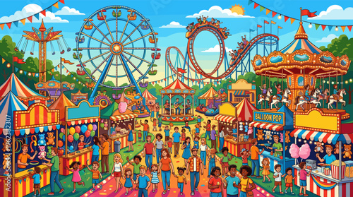 A bustling and colorful illustration of a summer amusement park. Happy, diverse families enjoy rides like a Ferris wheel and roller coaster. Perfect for family entertainment concepts.