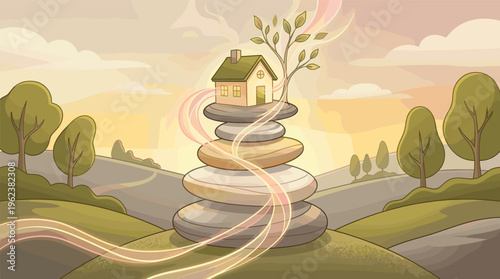 Conceptual illustration of a house on balanced zen stones. Symbolizes harmony, stability, well-being, and a peaceful home. Ideal for wellness, real estate, or insurance concepts.