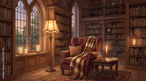 A cozy library with a warm armchair and candlelight. This vintage, tranquil illustration is perfect for reading, studying, or relaxing-themed projects. Dark academia aesthetic.