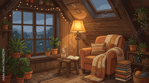 Cozy attic room with an armchair, book, and hot drink on a rainy night. Warm lamp and string lights create a peaceful, hygge atmosphere. Perfect for relaxation or reading concepts.
