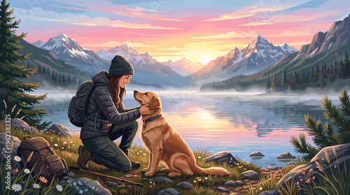 A young woman hiker and her golden retriever dog share a loving moment by a mountain lake at sunrise. A peaceful scene of companionship, travel, and outdoor adventure.