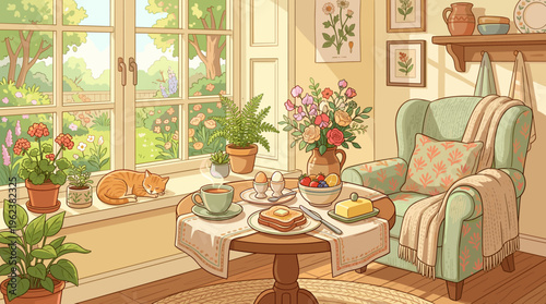 A cozy, sunlit room with a healthy breakfast on a table and a sleeping cat by the window. This peaceful illustration evokes warmth, comfort, and a slow, relaxing morning at home.