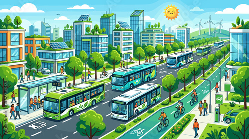 Vibrant illustration of a green city with electric buses, bike lanes, and solar panels. A positive vision of sustainable urban living and eco-friendly technology.