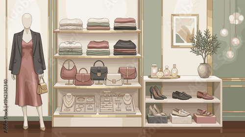 Illustration of a chic boutique interior. A mannequin displays an elegant outfit. Shelves show clothes, bags, shoes, jewelry, and perfume. Perfect for fashion and retail.