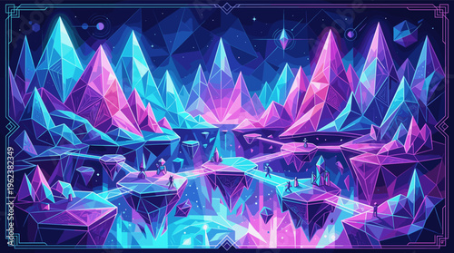 A vibrant illustration of a fantasy world with glowing neon crystals, floating islands, and explorers. A magical, futuristic landscape for gaming, sci-fi, or tech backgrounds.