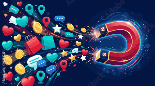 A magnet attracts social media icons like hearts and comments. Symbolizes successful inbound marketing, customer engagement, and online sales. Perfect for digital strategy concepts.