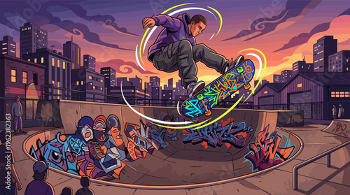 Dynamic vector illustration of a young man skateboarding at a city skatepark during a vibrant sunset. A scene for themes of youth culture, urban life, and extreme sports.