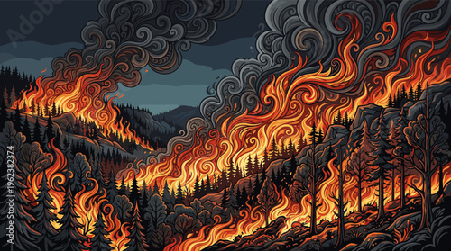 A dramatic, stylized illustration of a massive forest fire at night. Swirling flames and dark smoke consume mountain trees, conveying disaster, climate change, and crisis.