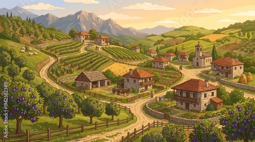 A panoramic illustration of a peaceful rural village with vineyards, orchards, and mountains. Perfect for depicting idyllic country life, farming, or a historical setting.