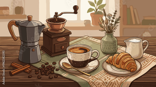 Cozy illustration of a morning coffee breakfast with a croissant, moka pot, and grinder. A warm, rustic still life for cafe menus, blogs, or food-related content.