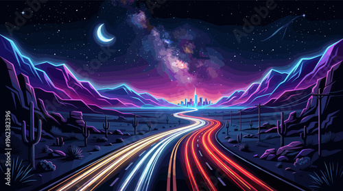 A vibrant, stylized illustration of a desert highway at night. Neon light trails lead to a futuristic city under a starry sky with the Milky Way. Ideal for sci-fi or music themes.