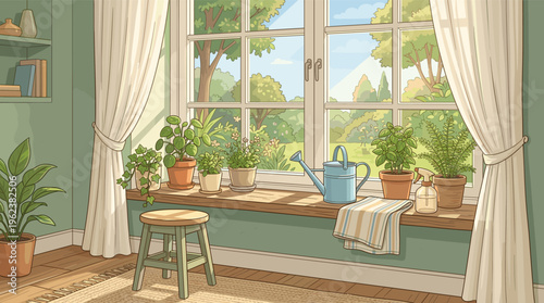 Illustration of a cozy, sunlit room with houseplants on the windowsill and a garden view. A serene, peaceful background for home decor, gardening, or slow living concepts.