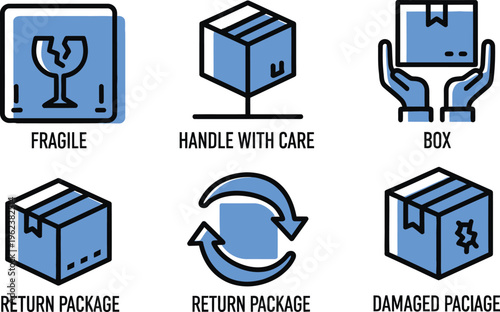 A set of six stylized icons represents various shipping and handling instructions for parcels, such as fragility, careful placement, and return procedures.