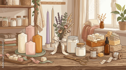 A cozy illustration of a handmade candle and soap making workshop. This rustic scene with natural ingredients is perfect for hobby, wellness, or small business concepts.