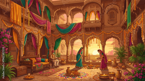 Vibrant illustration of an Indian family celebrating Diwali. Women light diyas in a palace courtyard with rangoli and marigolds at sunset. Perfect for festive, cultural content.