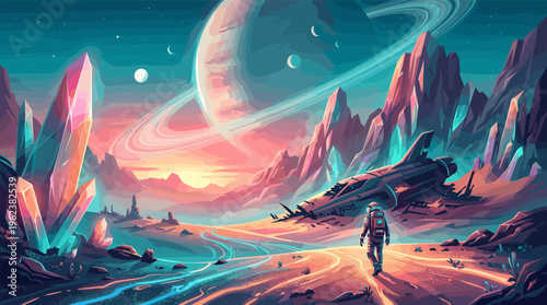 An astronaut explores a vibrant alien planet with large crystals and a crashed spaceship. A beautiful sci-fi landscape for futuristic, adventure, and exploration concepts.