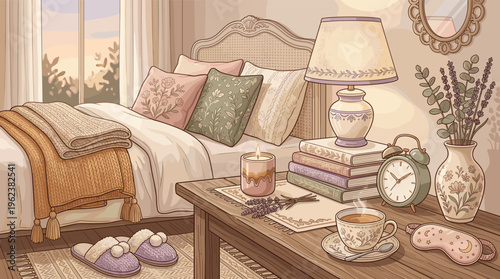 Cozy bedroom interior illustration. A warm and peaceful scene with tea and a candle, perfect for concepts of comfort, hygge, self-care, and relaxation. Vector art style.