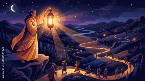 A spiritual guide holding a bright lantern illuminates a long journey for followers through a dark mountain pass. A metaphor for hope, faith, and guidance.