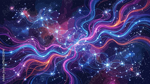 Abstract futuristic background of a glowing digital network. Wavy lines and nodes represent data, AI, or neural connections. Ideal for technology, science, and innovation concepts.