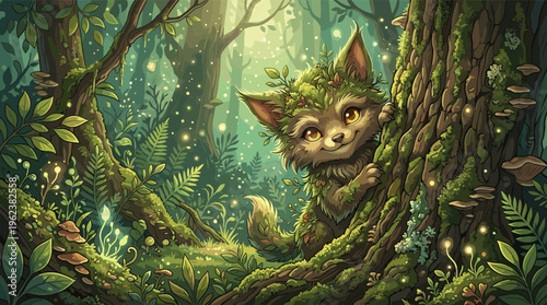 A cute fantasy forest spirit, a fox made of moss and leaves, peeks from a tree in a magical, sunlit woodland. Whimsical illustration for fairy tales or fantasy themes.