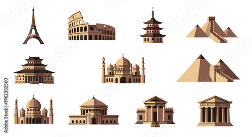 Collection of iconic landmarks from around the world in 3D wooden cutout style on a white background.