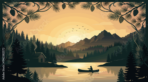 Vector illustration of a tranquil mountain landscape with a person canoeing on a lake at sunset. A cozy cabin sits in the woods. Ideal for travel or outdoor themes.
